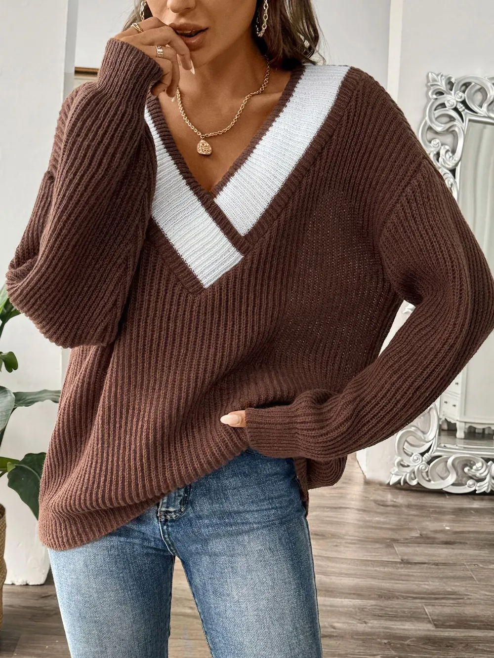 Contrast Dropped Shoulder Long Sleeve Sweater, image 4