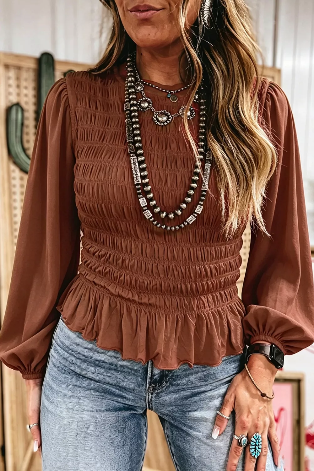 Smocked Balloon Sleeve Peplum Blouse