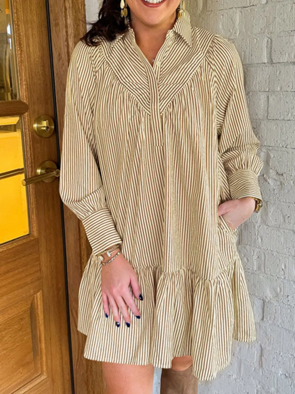Stripe Collared Neck Cuffed Long Sleeve Drop Waist Mini Dress, image 3