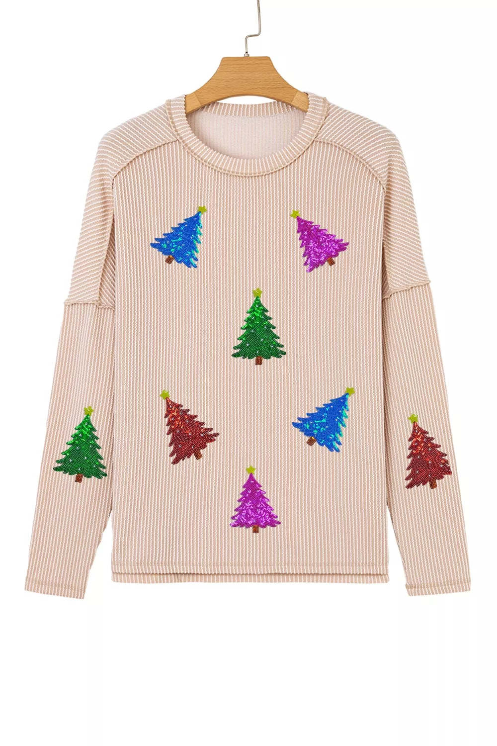 Sequin Christmas Tree Exposed Seam Drop Shoulder Ribbed Long Sleeve Top, image 2