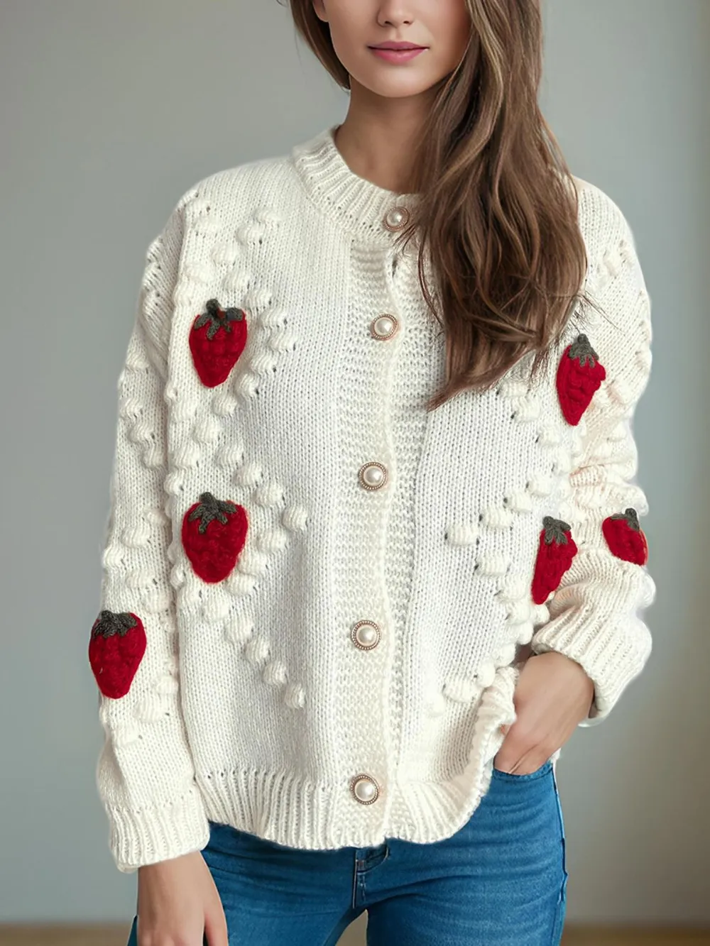 Strawberry Button Down Long Sleeve Cardigan, image 4