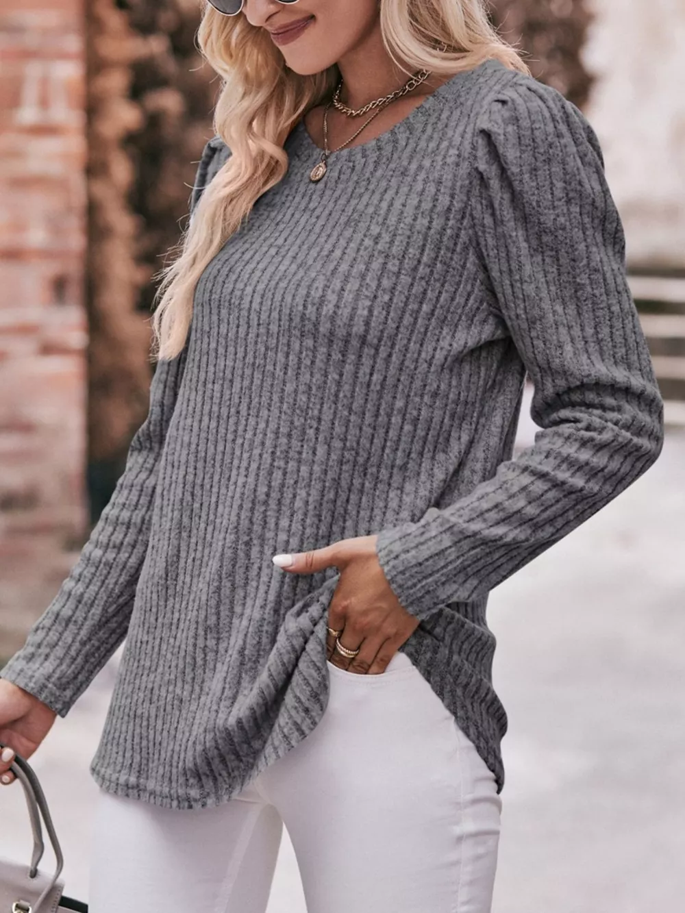 Ribbed Knit Puff Sleeve T-Shirt, image 28