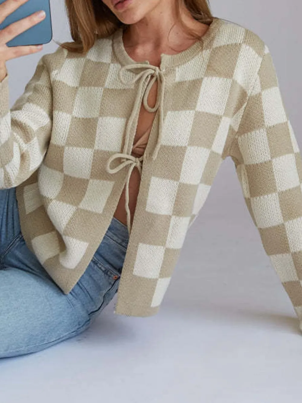 Checkered Tie-Front Cropped Cardigan, image 3