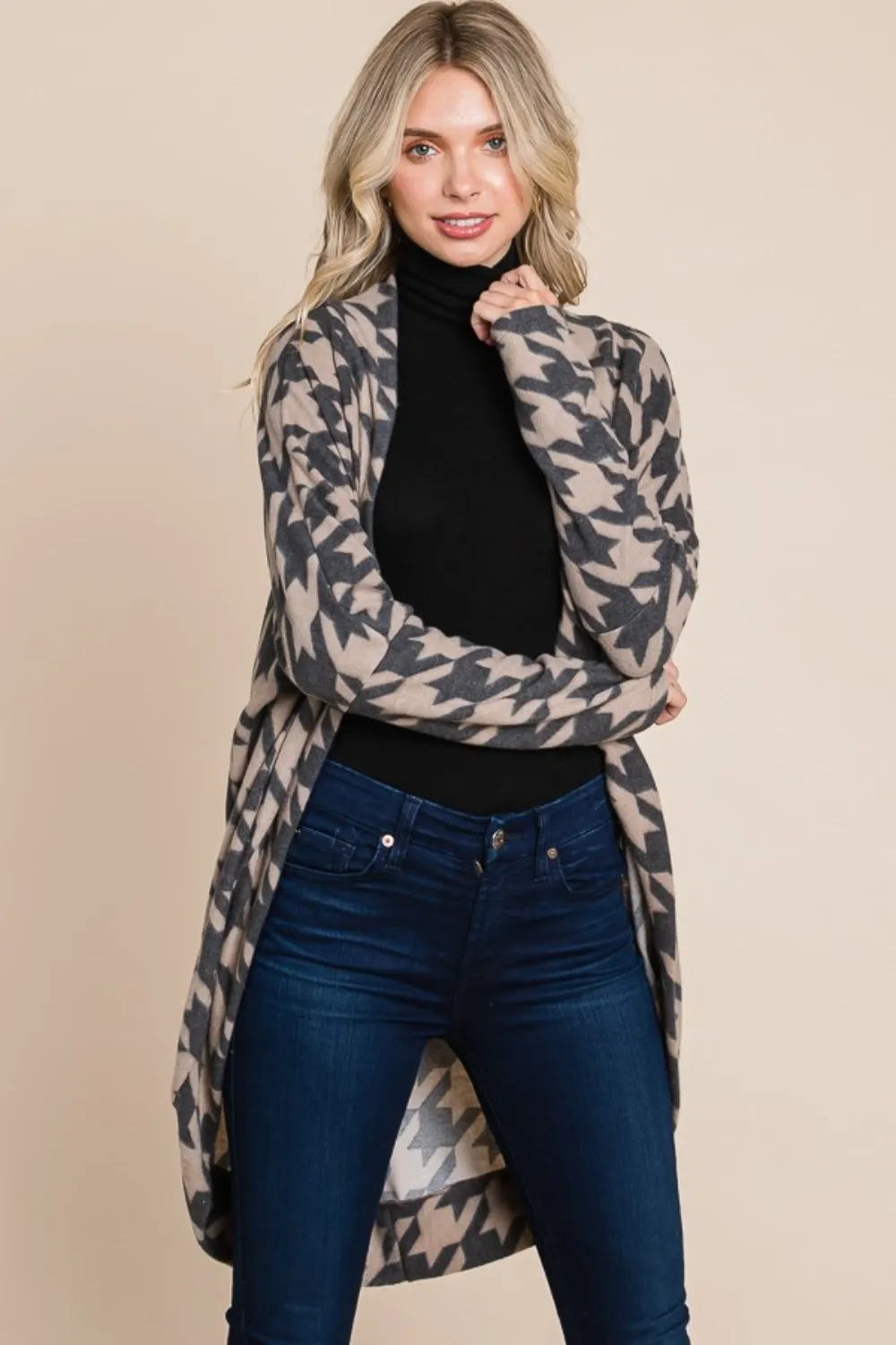 Houndstooth Open Front Cocoon Knit Cardigan, image 5