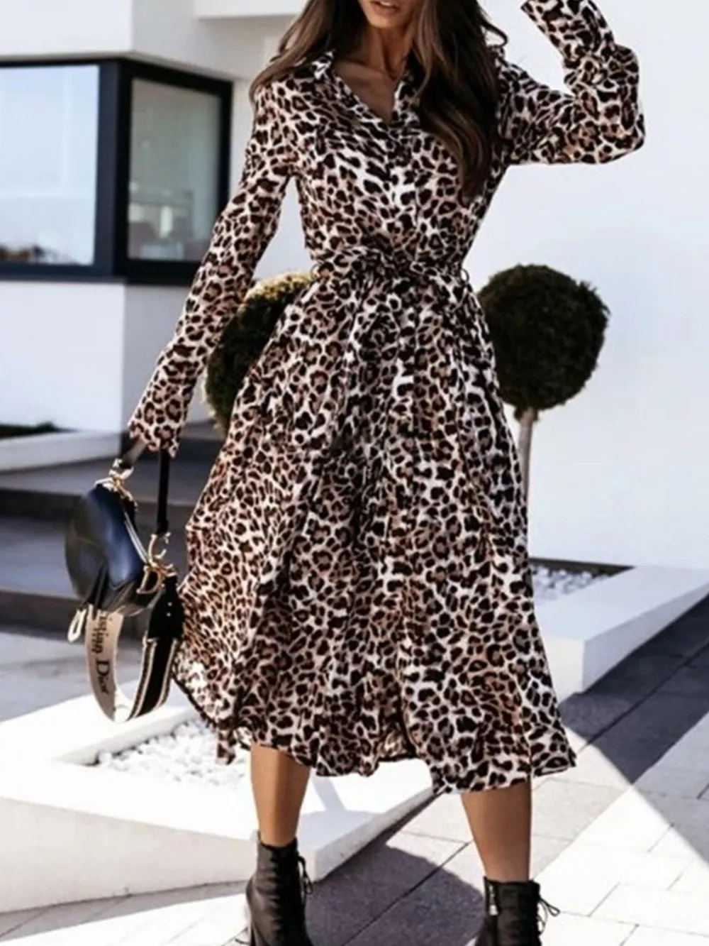 Leopard Print Button-Down Midi Dress with Belt, image 2