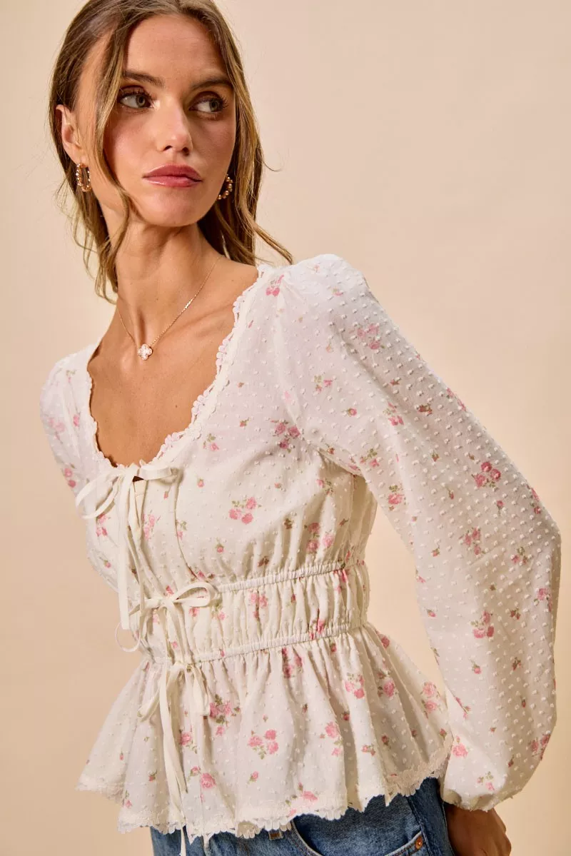 Floral Clip Dot Lace Trim Ruched Bodice Blouse, image 2