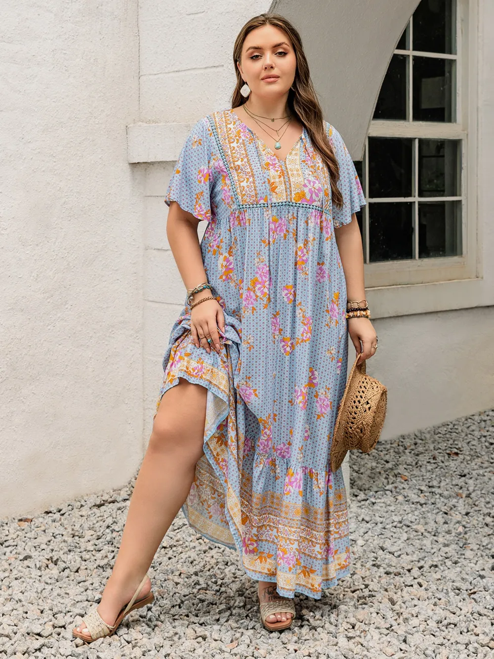 Plus Size Printed Tie Neck Flutter Sleeve Maxi Dress, image 4