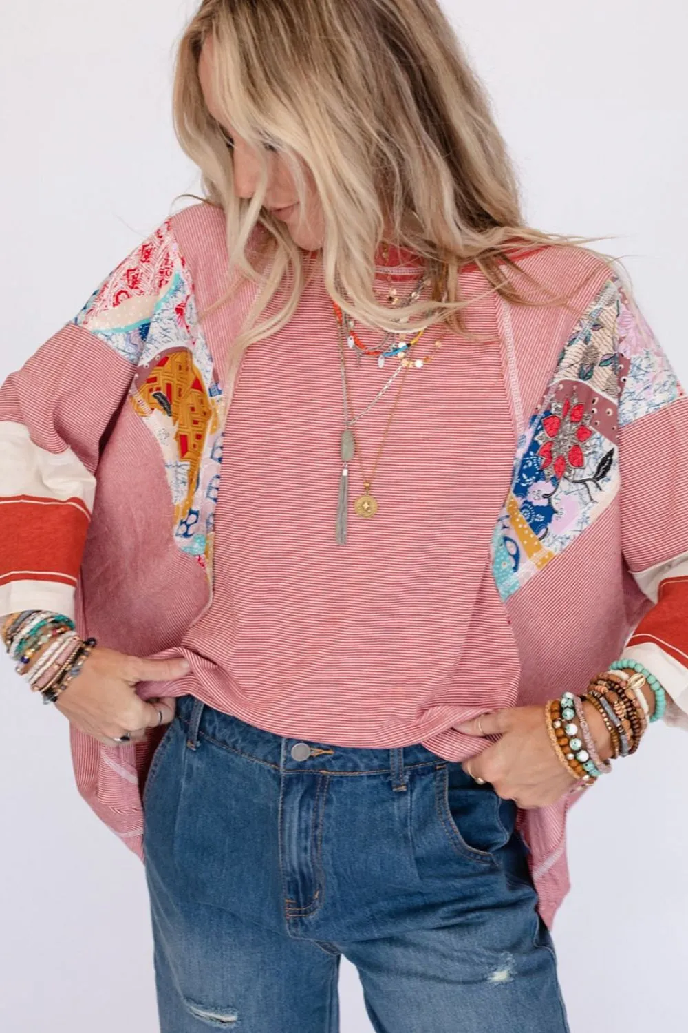 Striped Floral Patchwork Round Neck Top, image 4