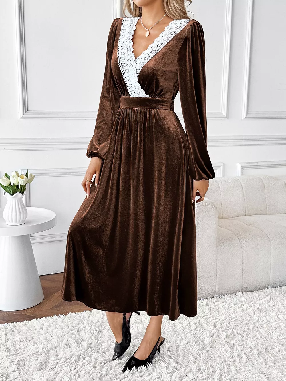 Velvet A-Line Dress with Lace Trim, image 4