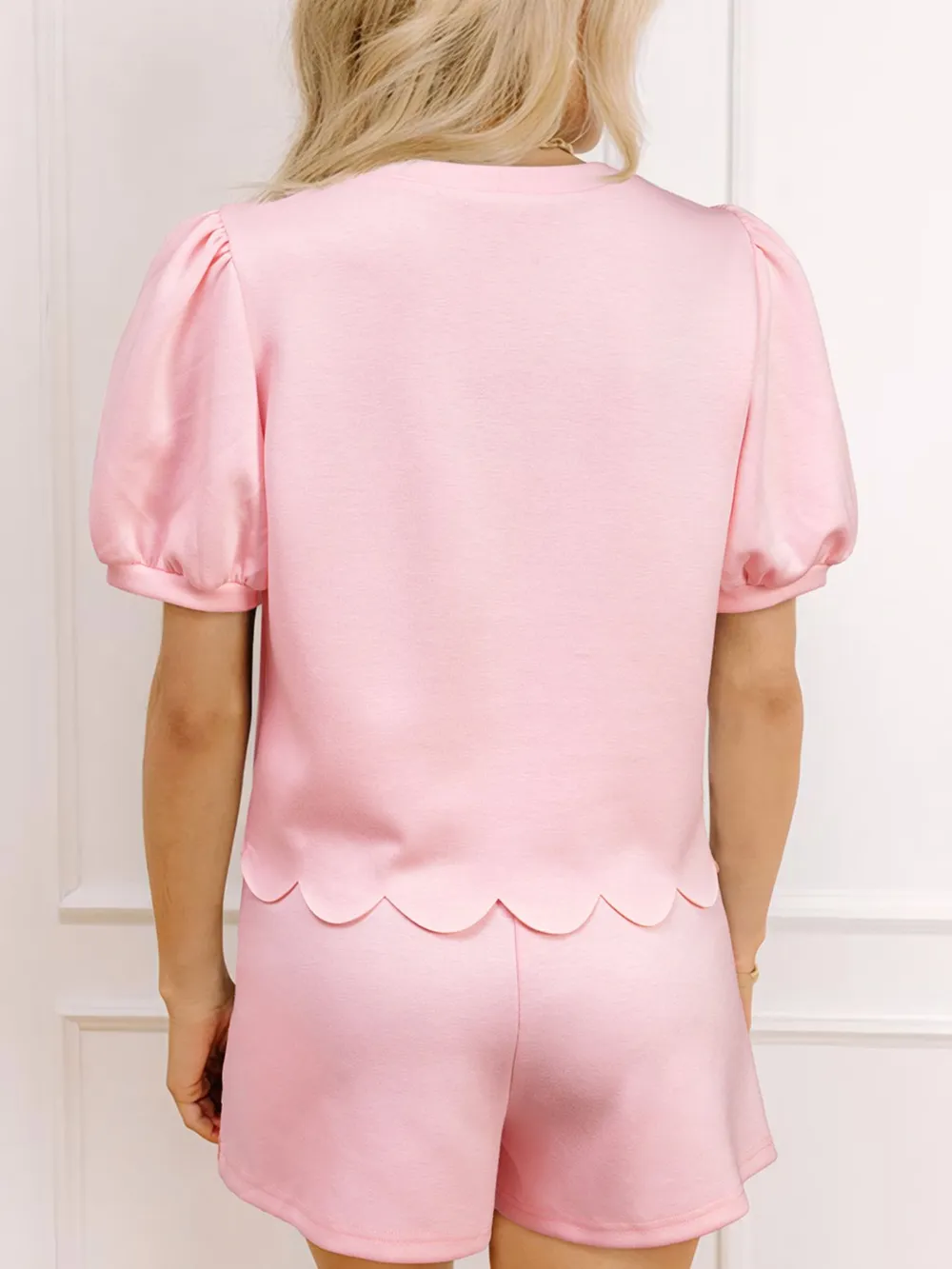 Puff Sleeve Pearl Embellished Scallop Trim Top and Skort Set, image 2