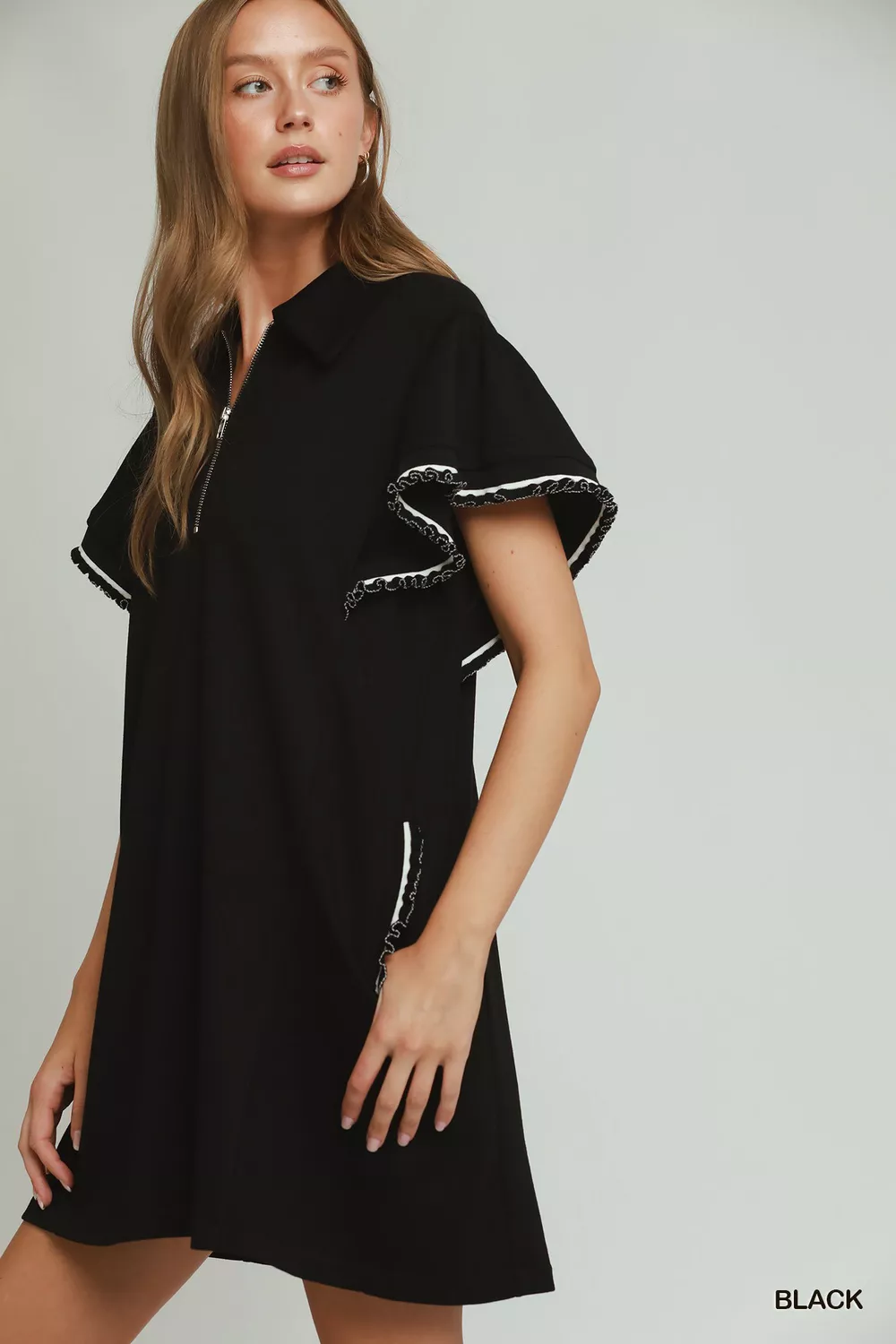 Half Zip Ruffle Rib Band Butterfy Sleeve Mini Dress with Pockets, image 2