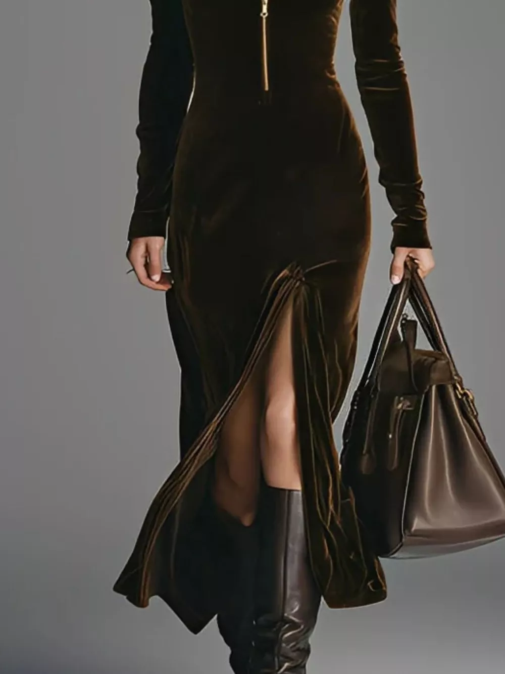Velvet Zip-Front Slit Midi Dress, image 3