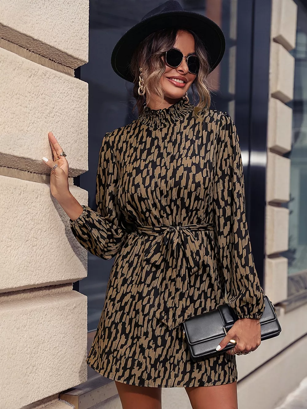 Printed Tie Waist Long Sleeve Dress