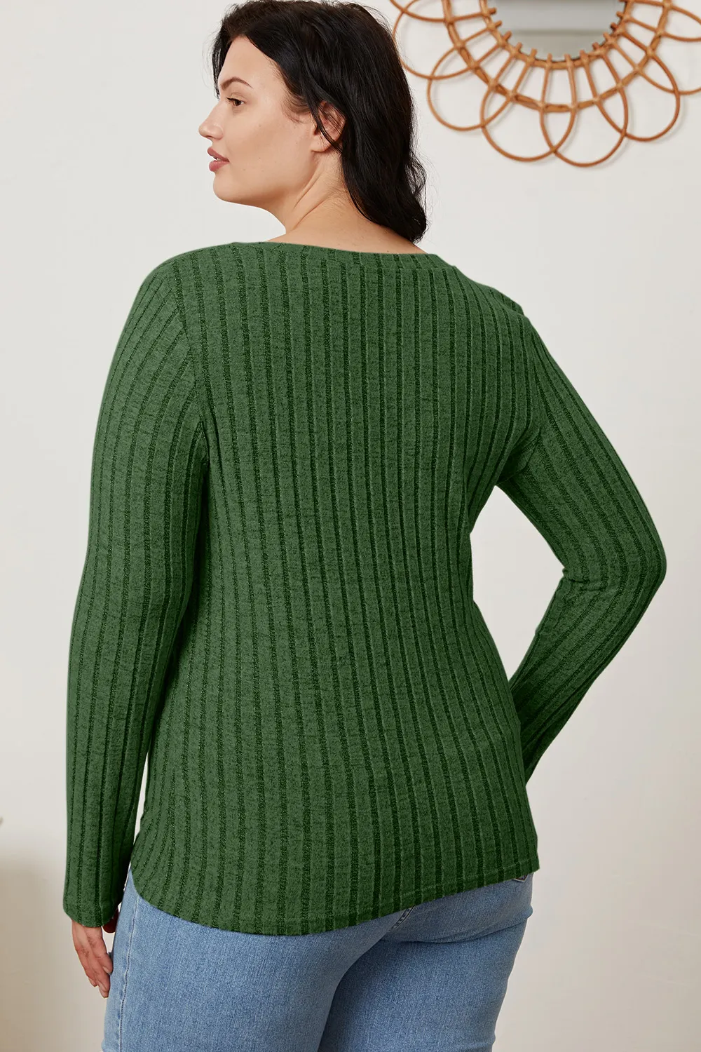 Full Size Ribbed V-Neck Long Sleeve T-Shirt, image 4