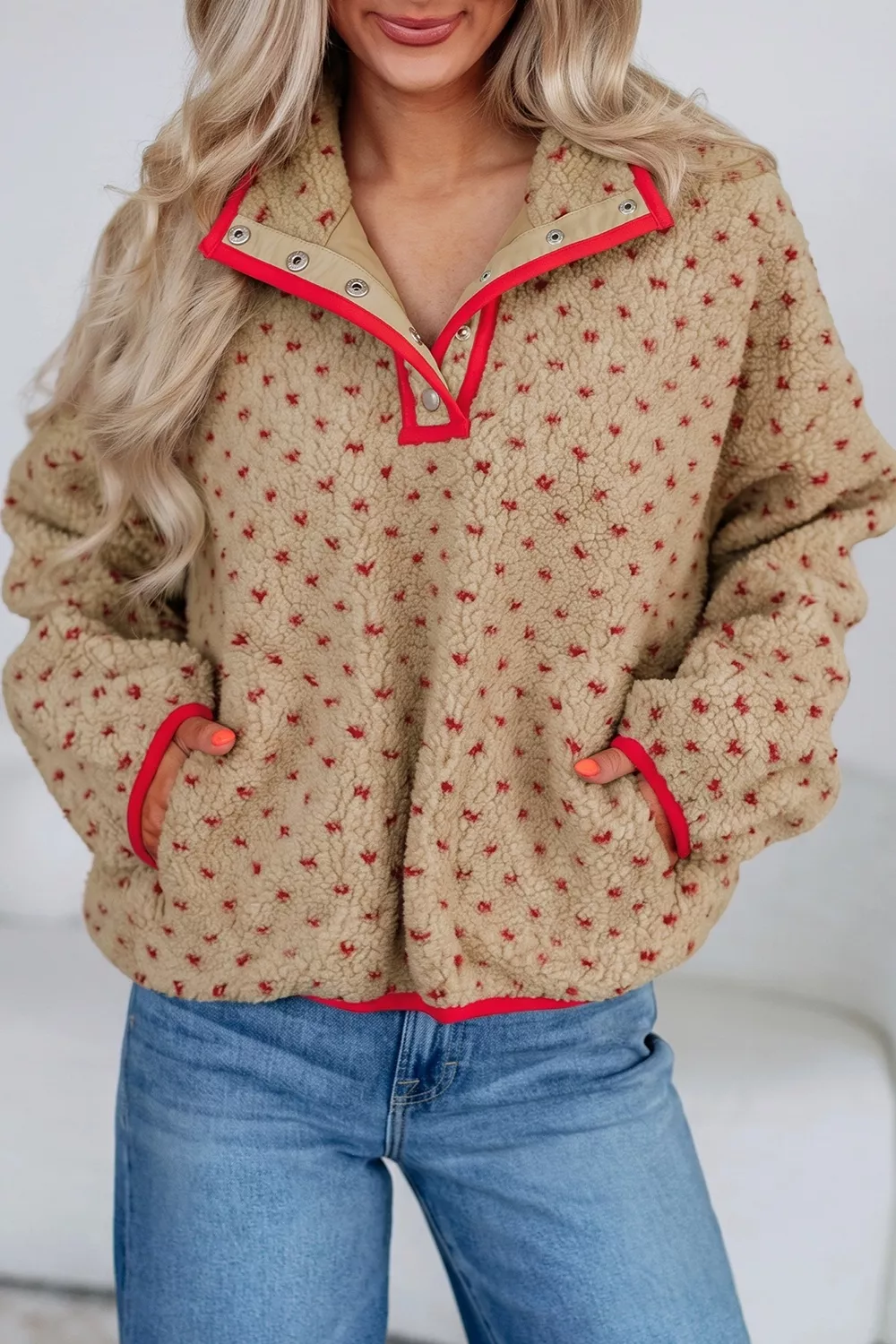 Heart Pattern Fleece Colorblock Collar Long Sleeve Sweatshirt
