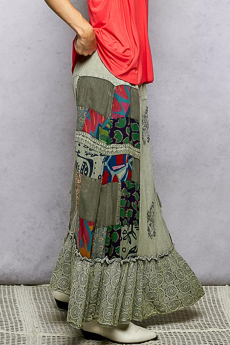 Printed Patchwork Embroidered Ruffled Skirt, image 2