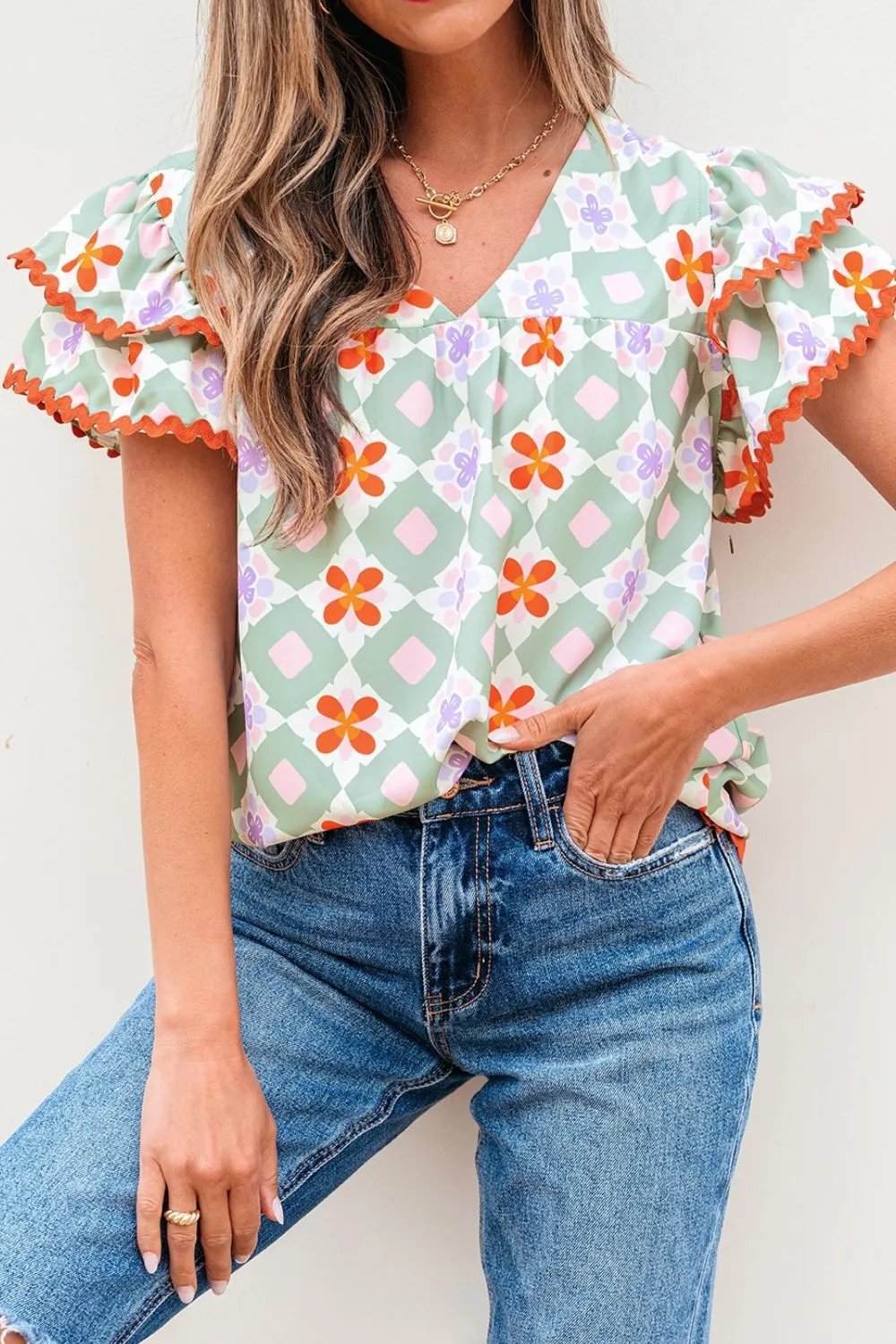 Floral Print V-neck Flutter Sleeve Blouse