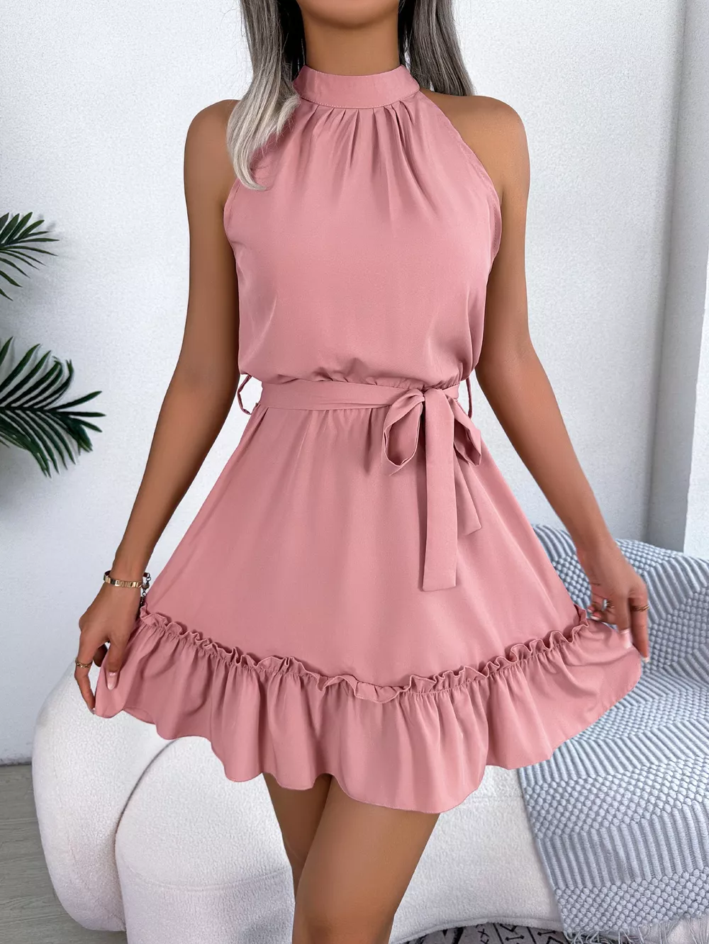 Halter Neck Ruffle Hem A-Line Dress, image 3