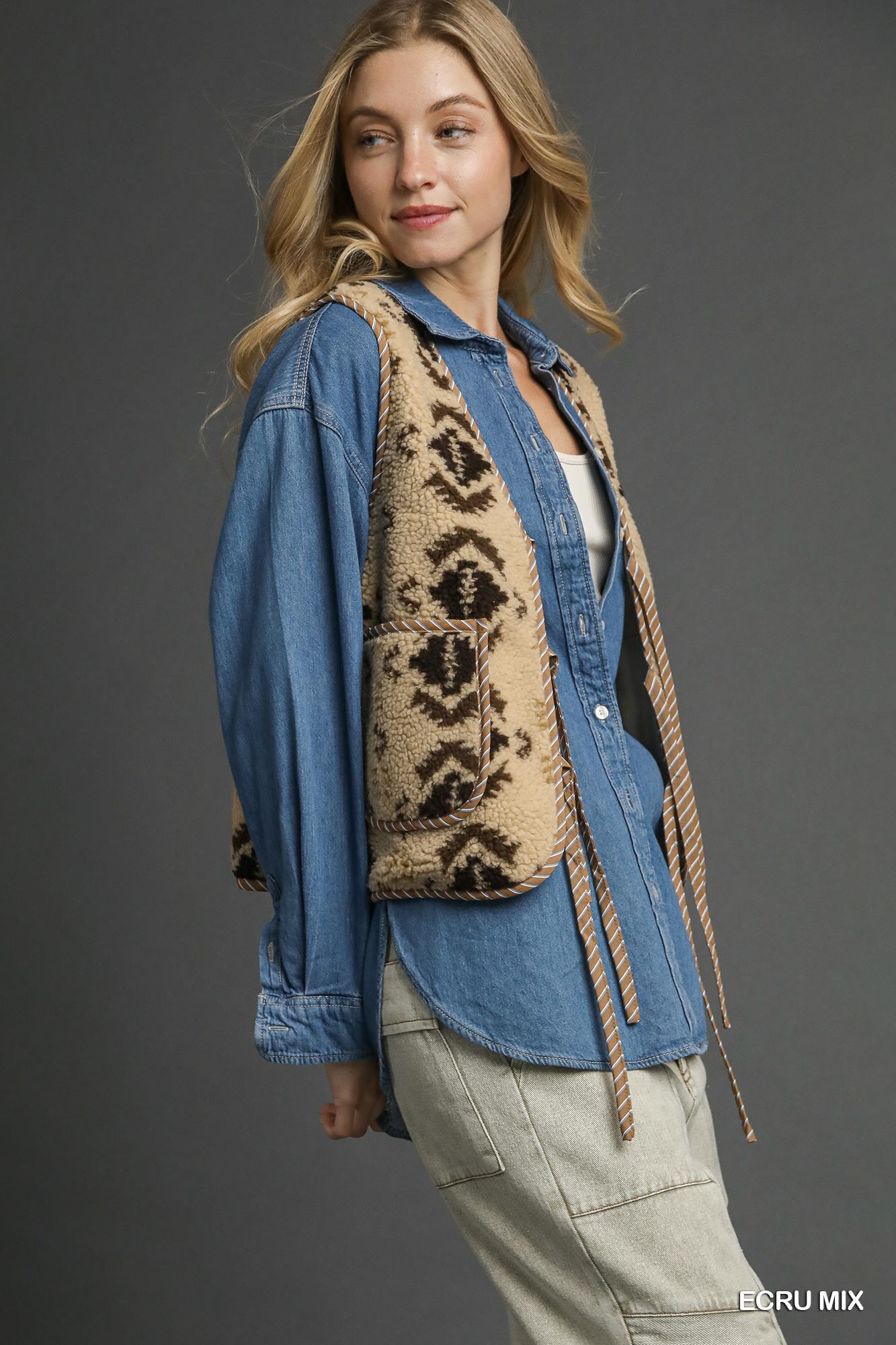 Mix Patterned Sherpa Tie-Front Vest, image 4