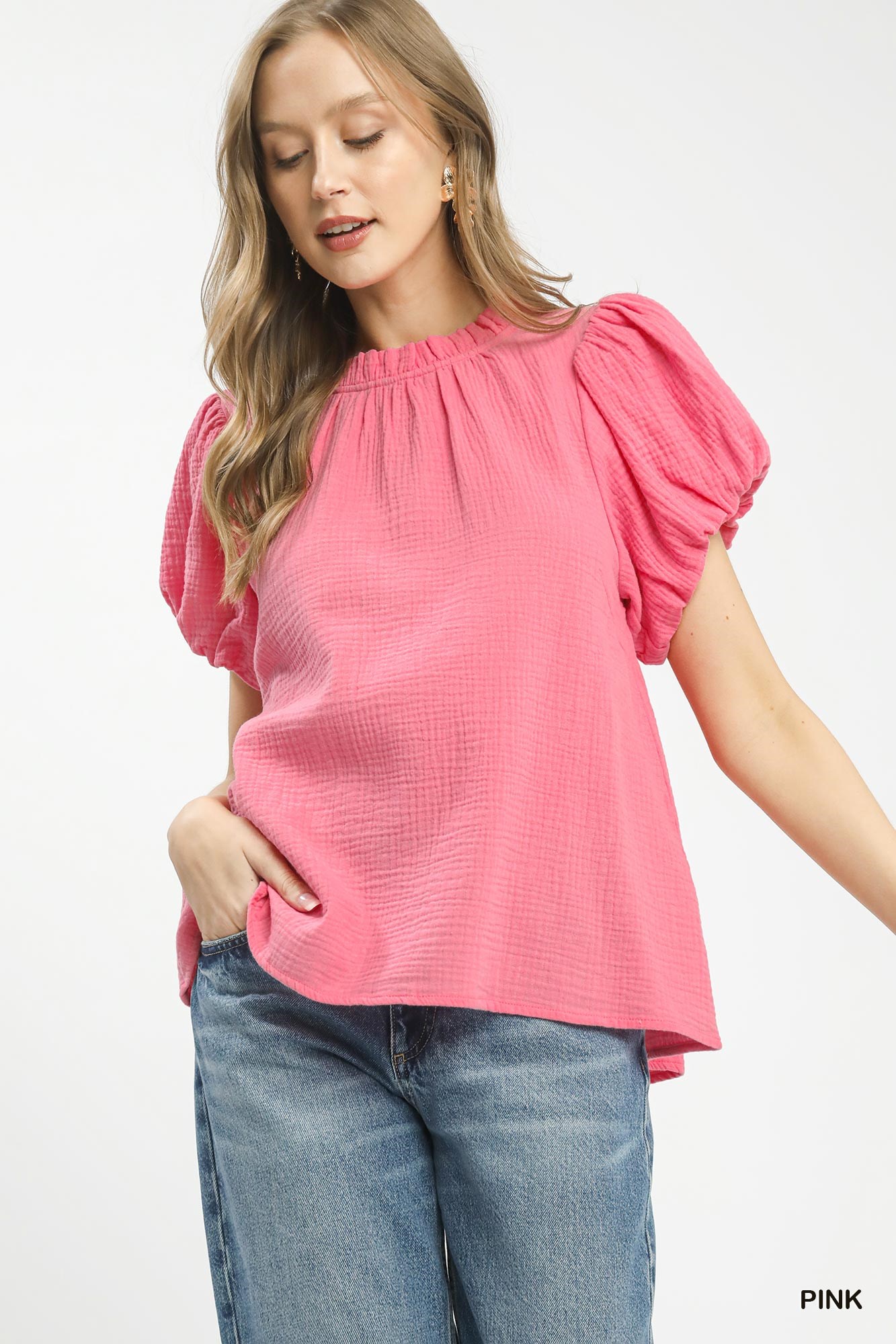 Textured Gauze Ruffle Neck Boho Top