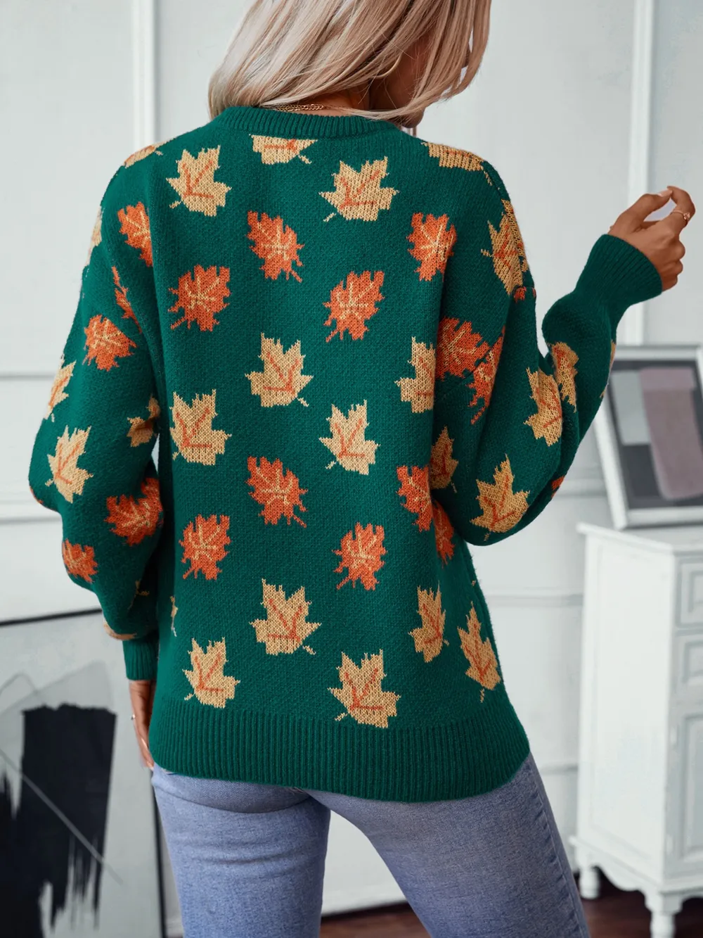 Maple Leaf Round Neck Long Sleeve Sweater, image 3