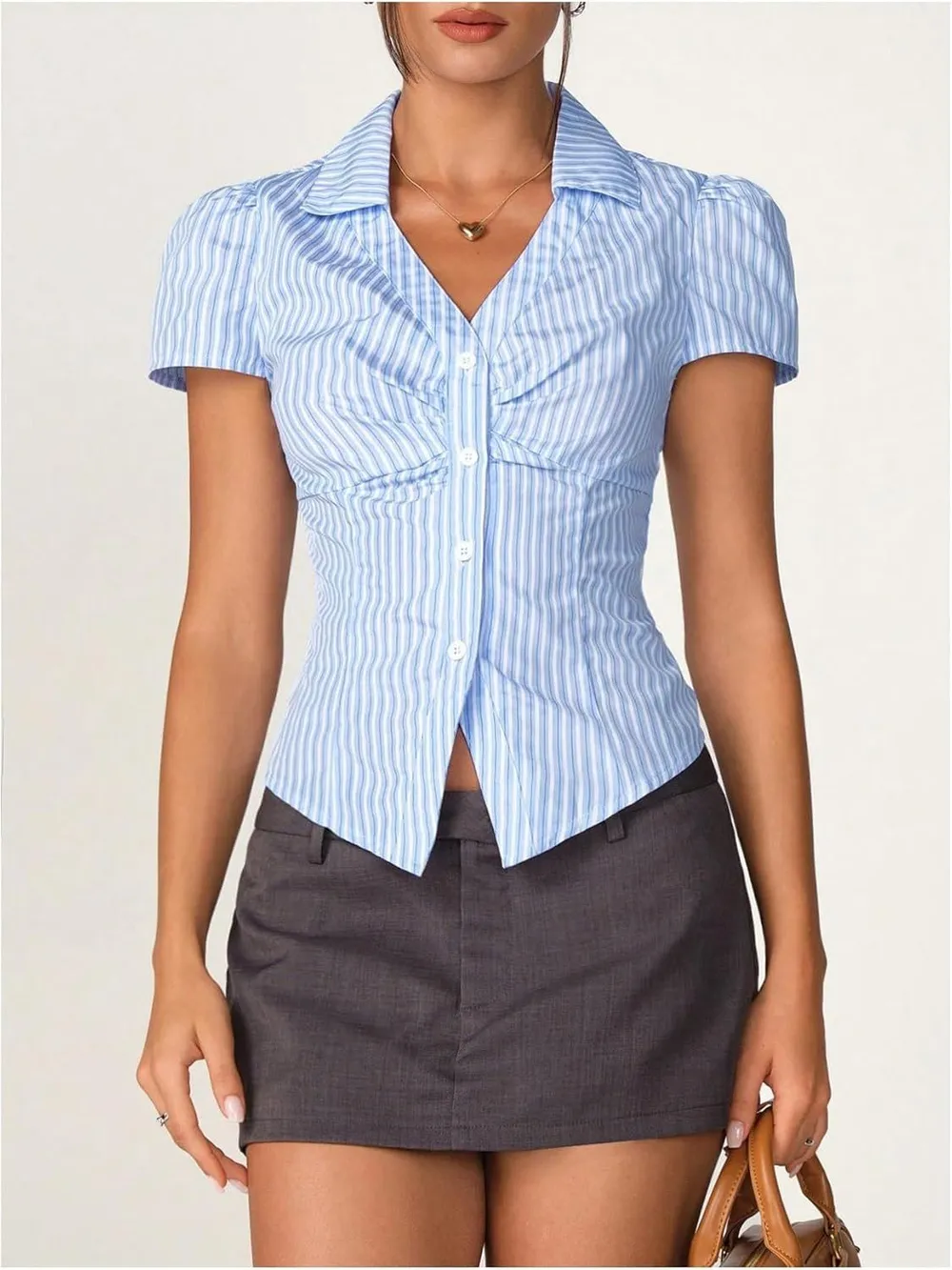 Striped Collared Neck Short Sleeve Shirt, image 7