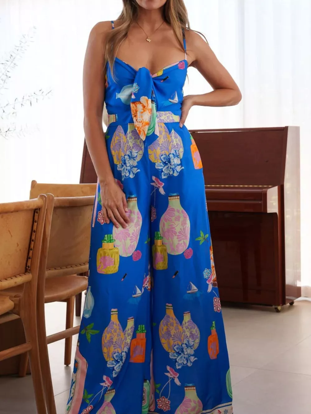 Printed Tie-Front Wide Leg Jumpsuit, image 17