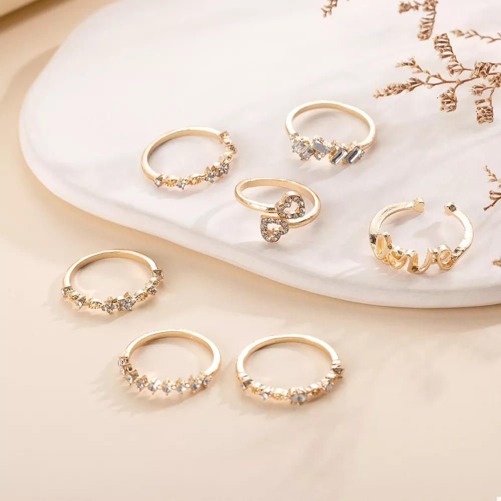 7 Piece 18K Gold-Plated LOVE Zircon Ring Set, image 3