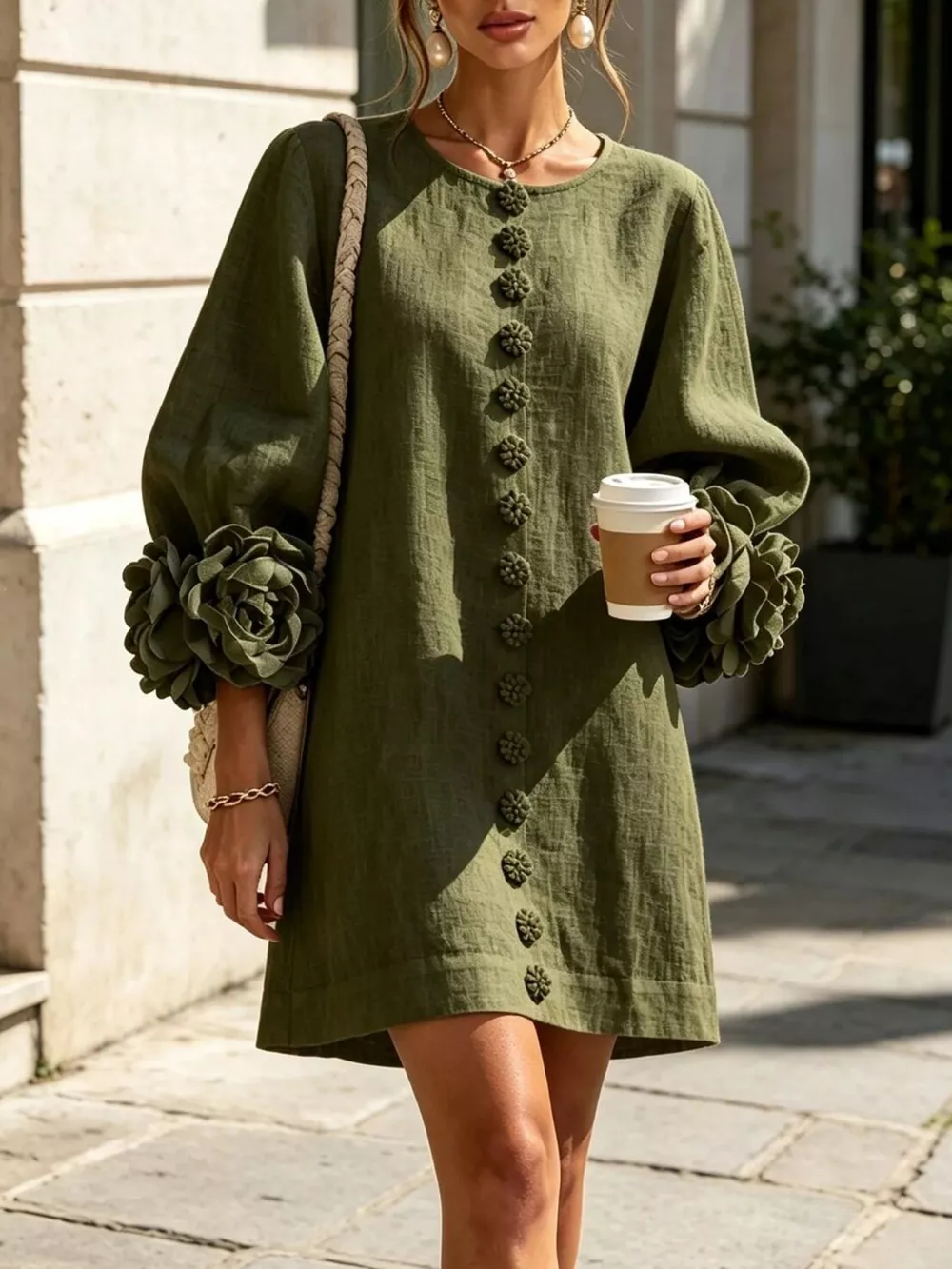 Full Size 3D Floral Sleeve Round Neck Dress Plus Size, image 6