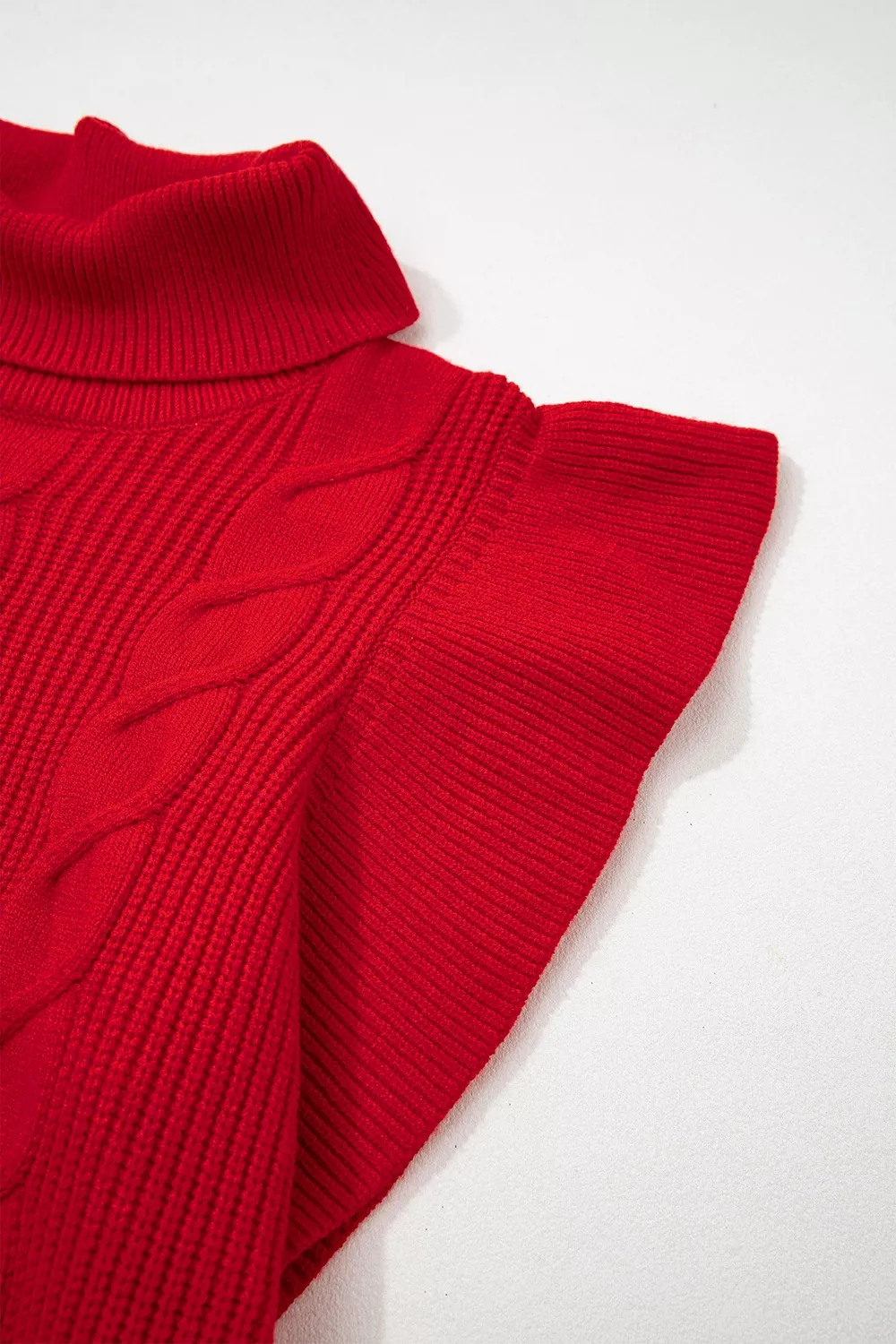 Cable Knit Turtleneck Ruffled Short Sleeve Sweater, image 11