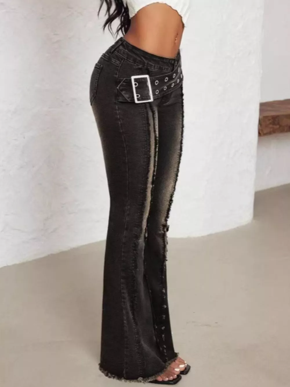 Belted High Waist Flare Jeans, image 5