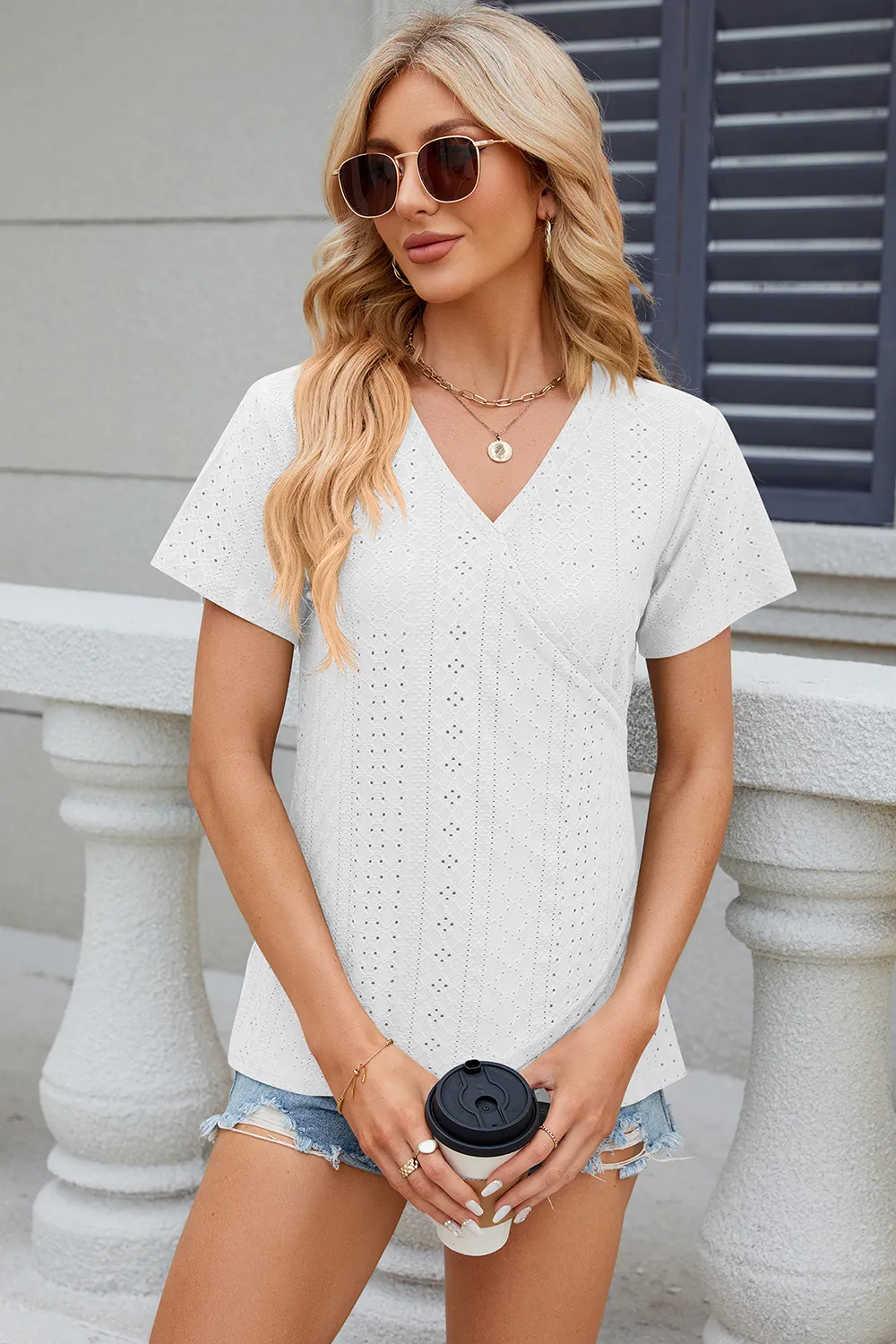 Eyelet Surplice Short Sleeve T-Shirt, image 11