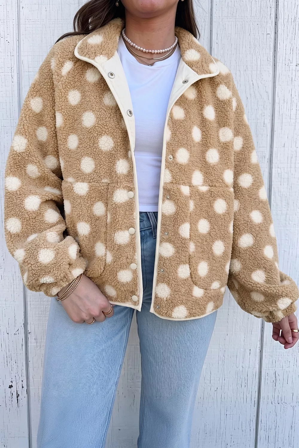Polka Dot Faux Fur Metal Button Placket Shift Silhouette Jacket