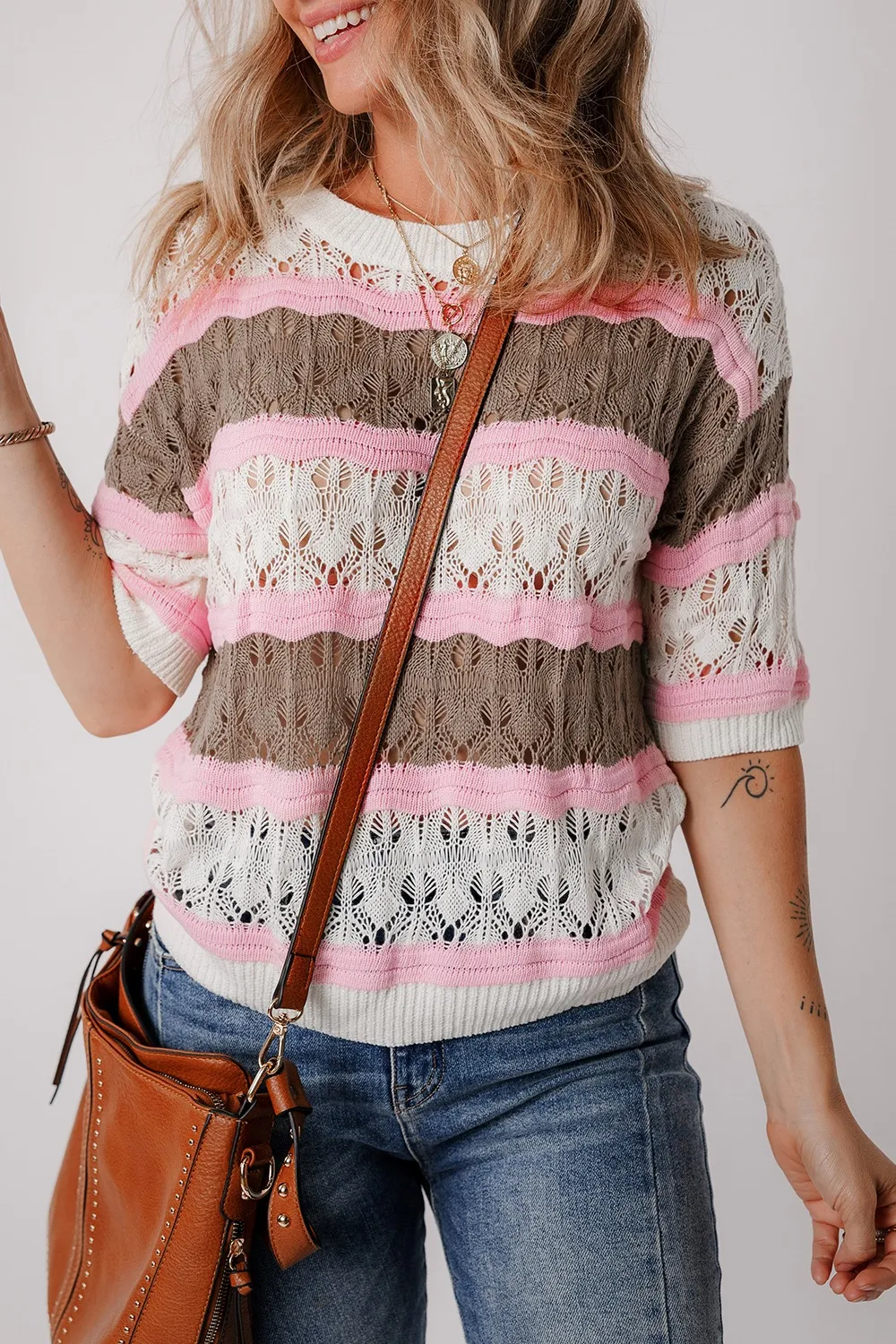 Color Block Openwork Half Sleeve Sweater, image 2