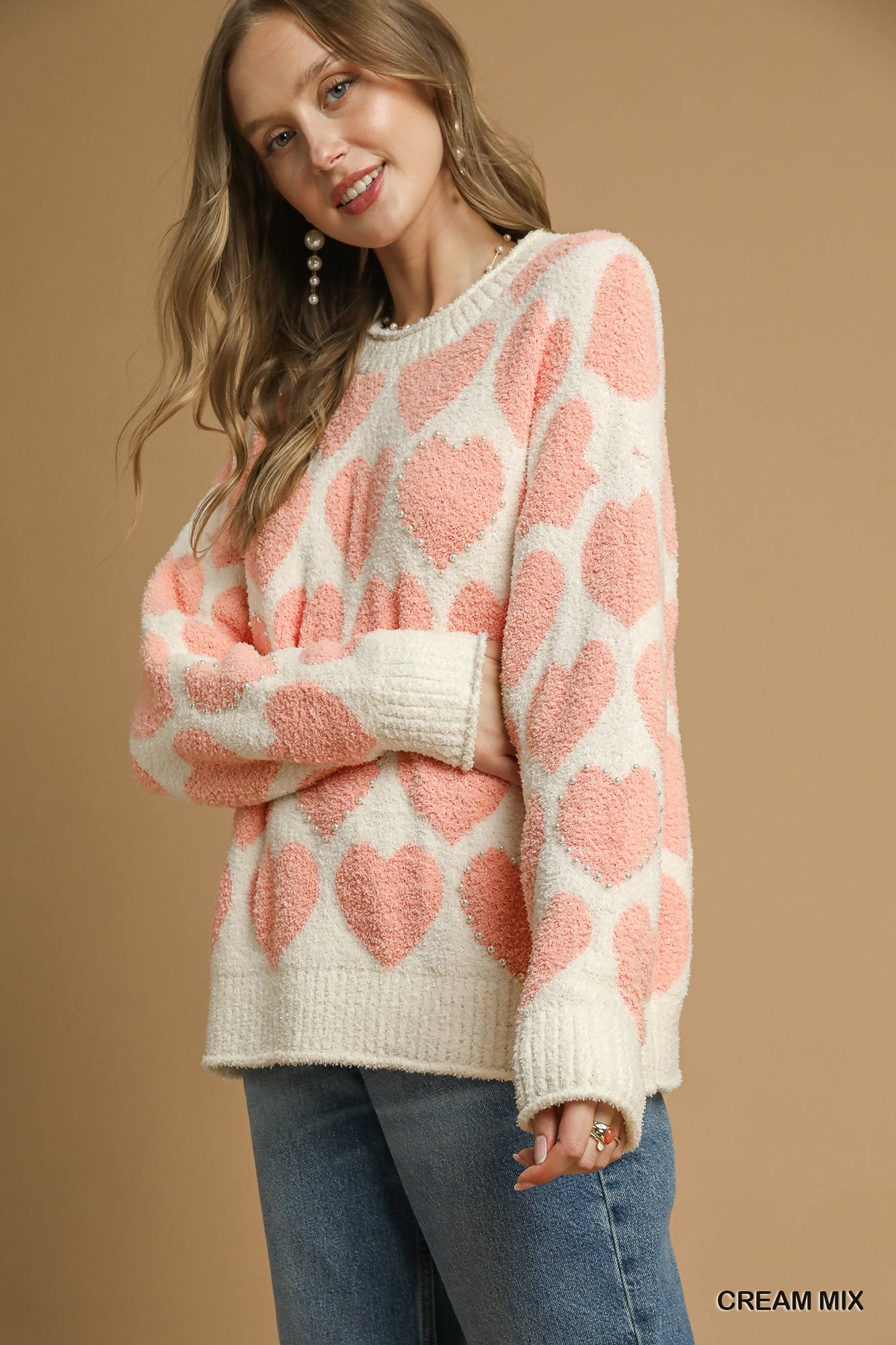Mix Heart Pattern Pearl Accent Sweater, image 3