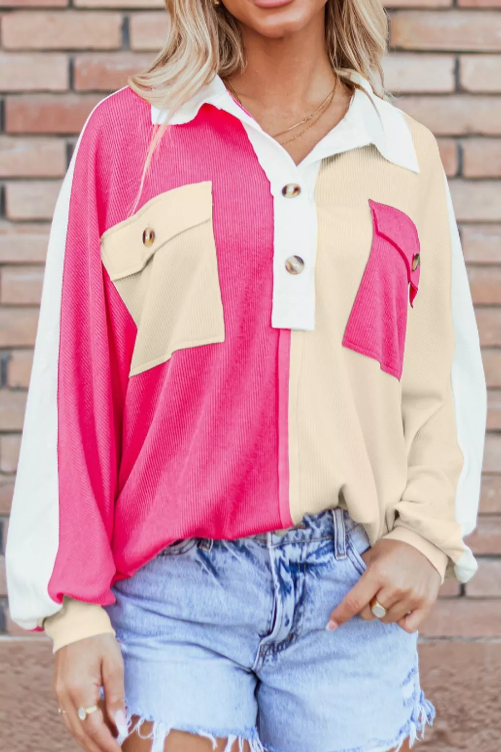 Color Block Collared Neck Long Sleeve Sweatshirt, image 2