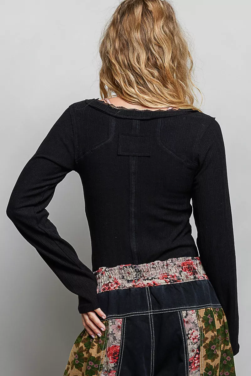 V-Neck Long Sleeve Ribbed Top with Lace-Accent Neckband, image 2