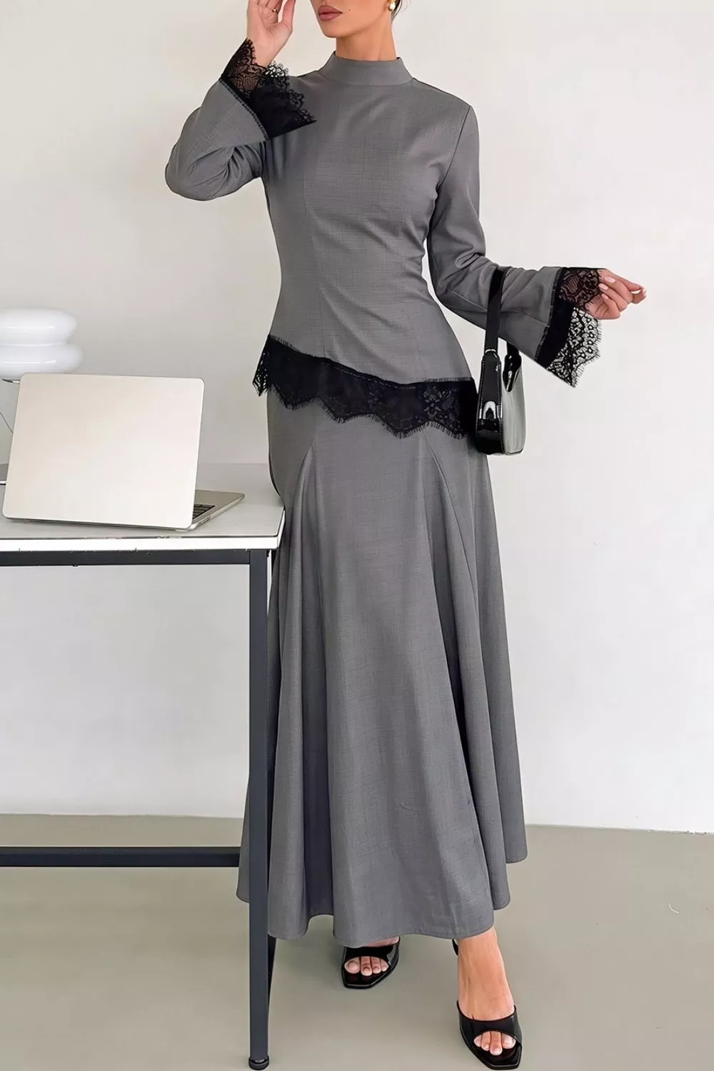 Lace Detail Mock Neck Top and Skirt Set, image 3