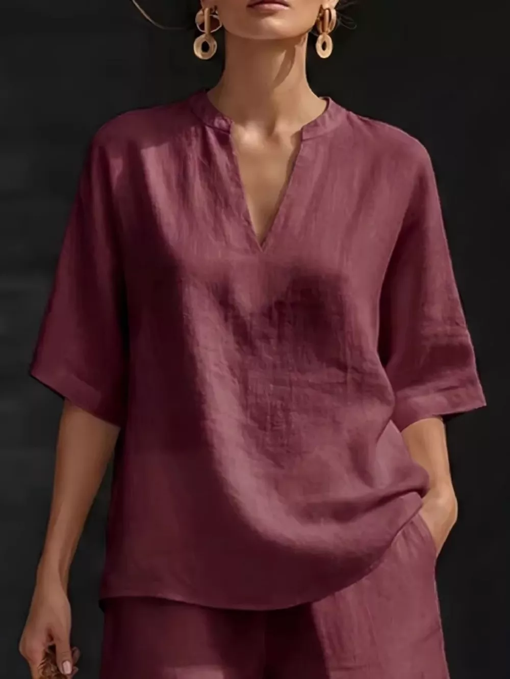 Full Size Notched Half Sleeve Top and Shorts Set Plus Size, image 16