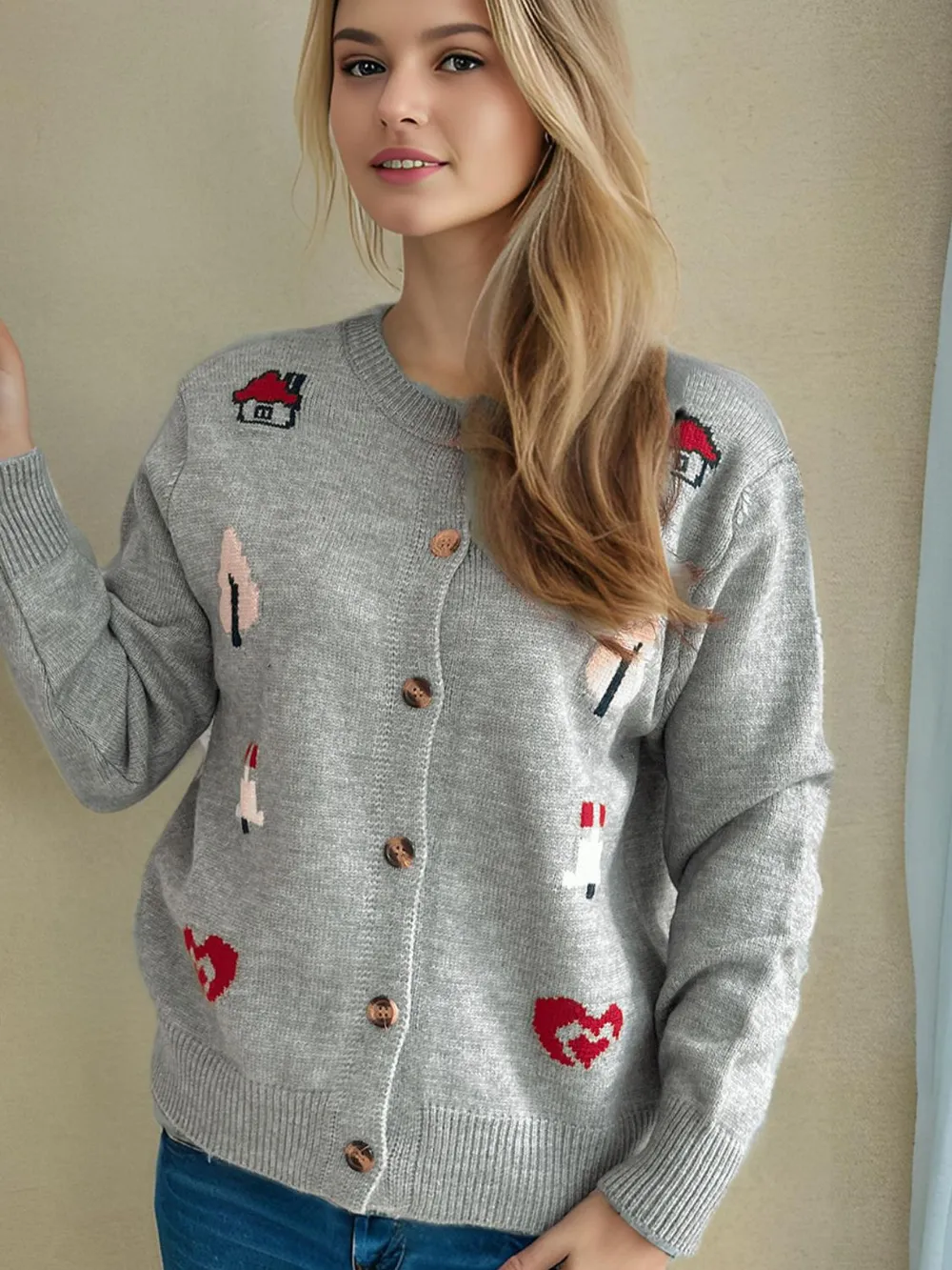 Button Up Round Neck Long Sleeve Cardigan, image 6
