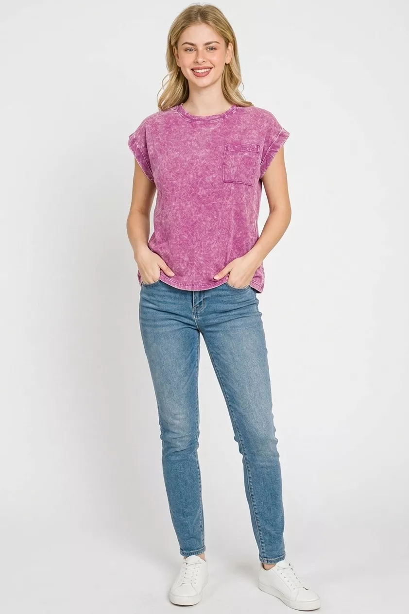 Full Size Crinkle Washed Round Neck Folded Short Sleeve Tee Plus Size, image 2