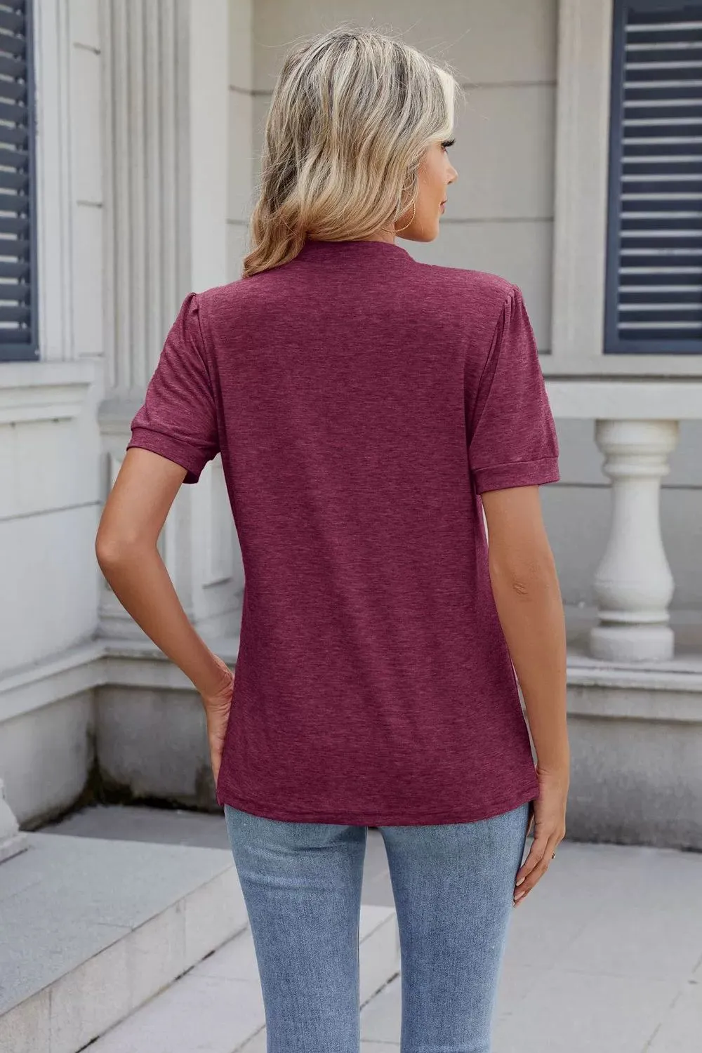 Notched Short Sleeve Solid Color Top, image 11