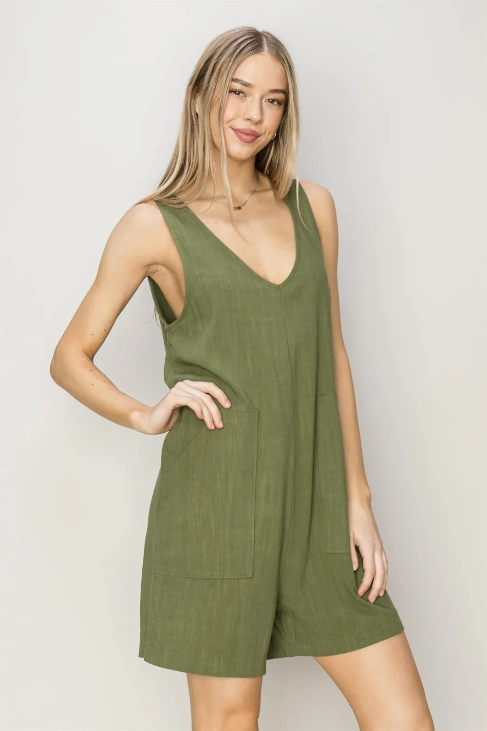 V-Neck Sleeveless Romper with Pockets, image 3