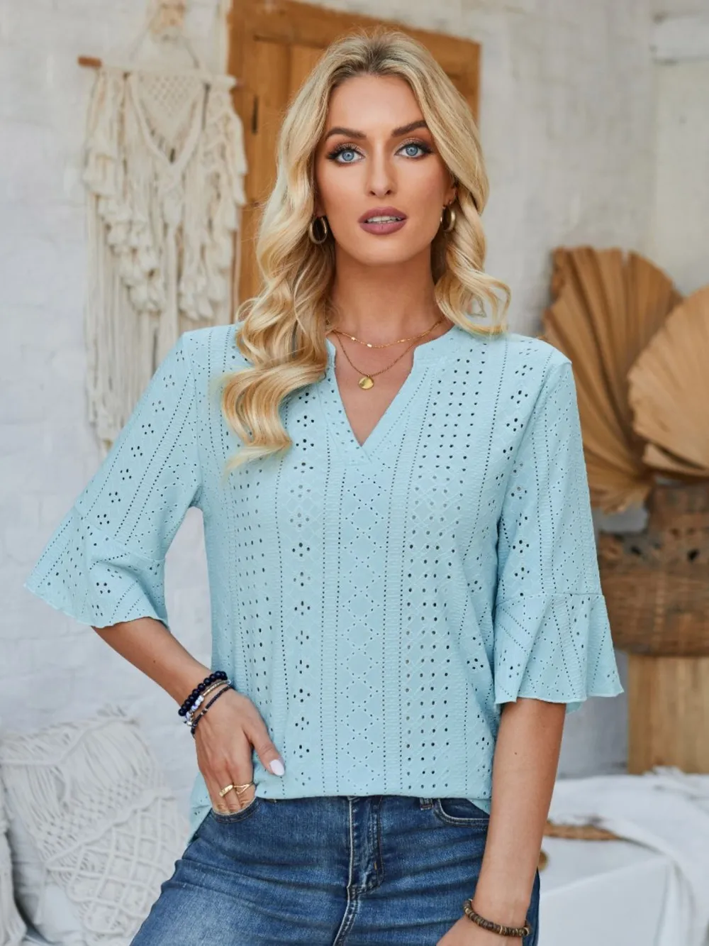 Eyelet Notched Half Sleeve T-Shirt, image 22