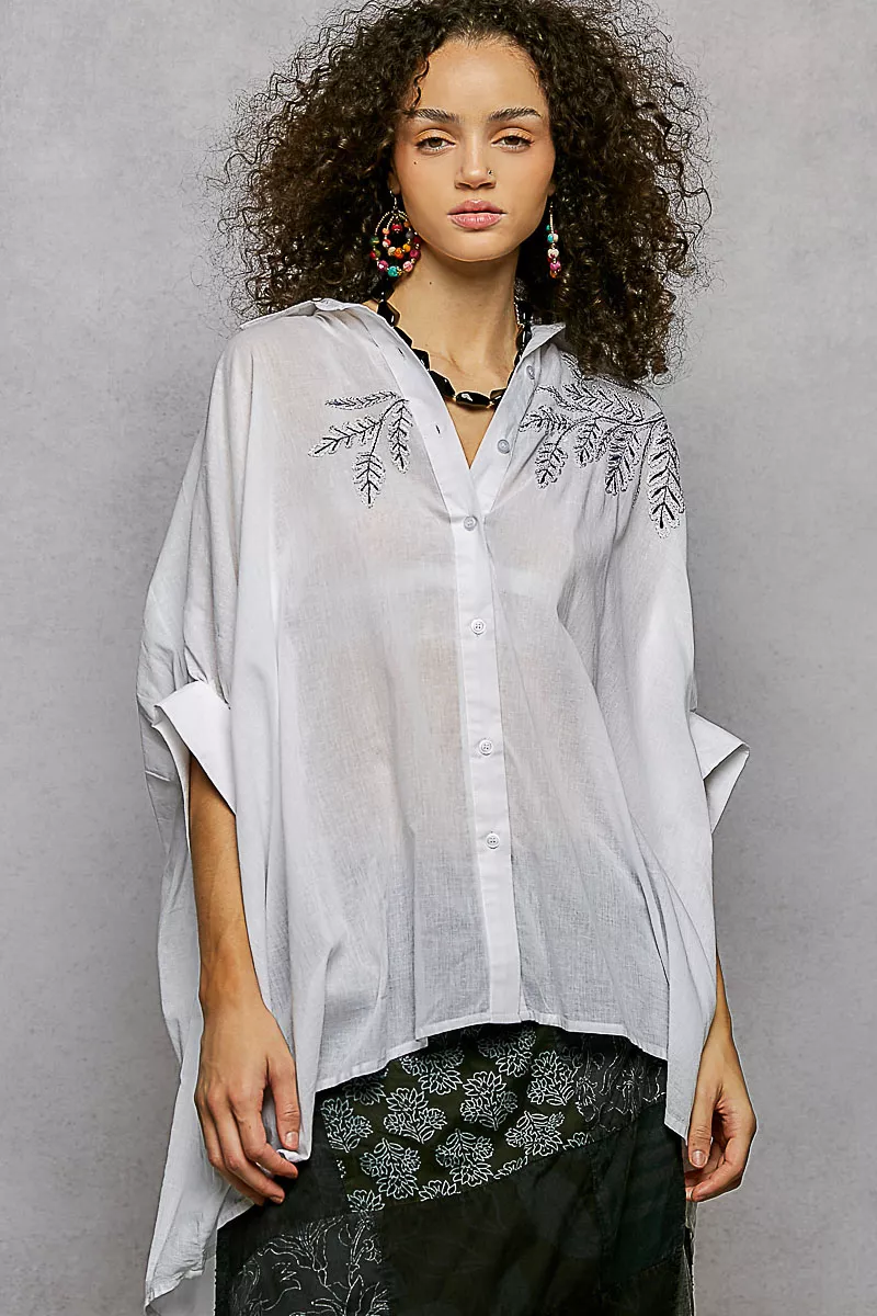 Button Down Embroidered Floral High-Low Hem Shirt