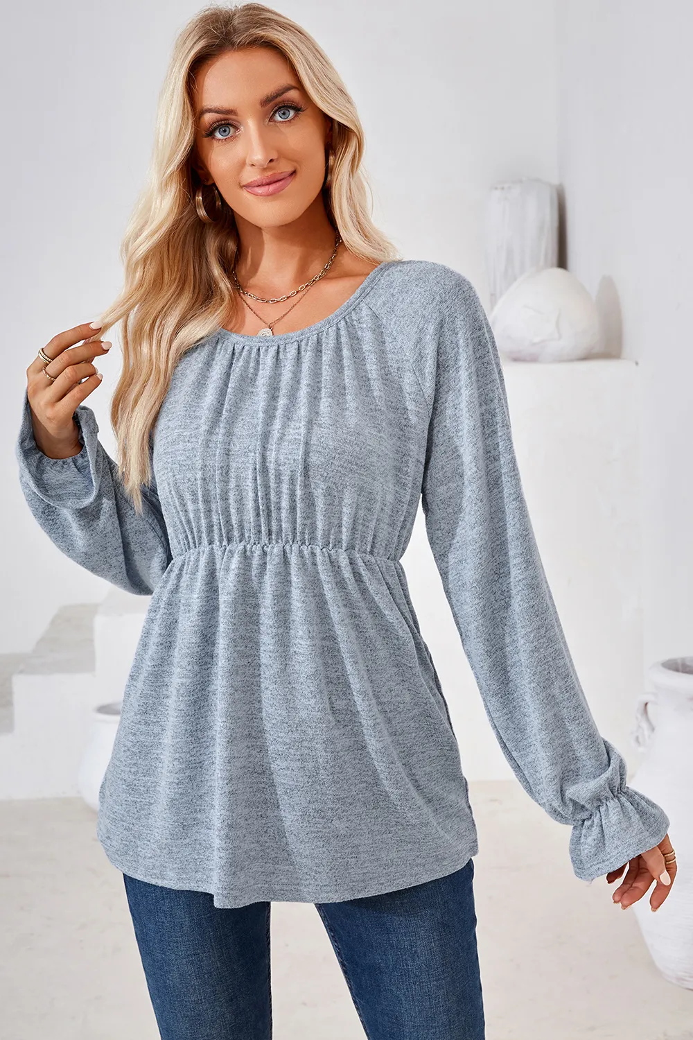 Ruched Round Neck Flounce Sleeve Blouse, image 19