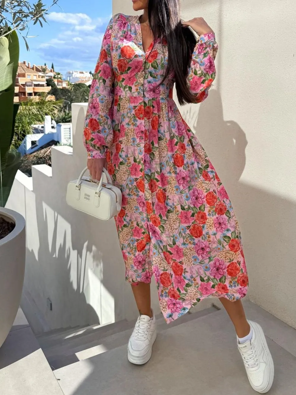 Floral Print Long Sleeve V-Neck Dress, image 4