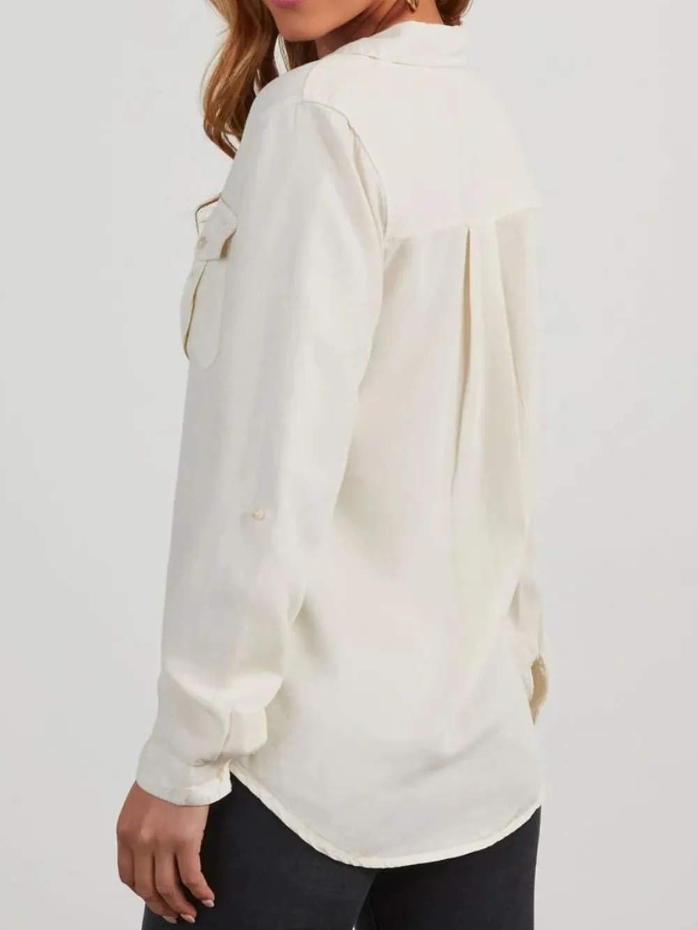 Collared Neck Roll-Tab Sleeve Denim Top, image 2