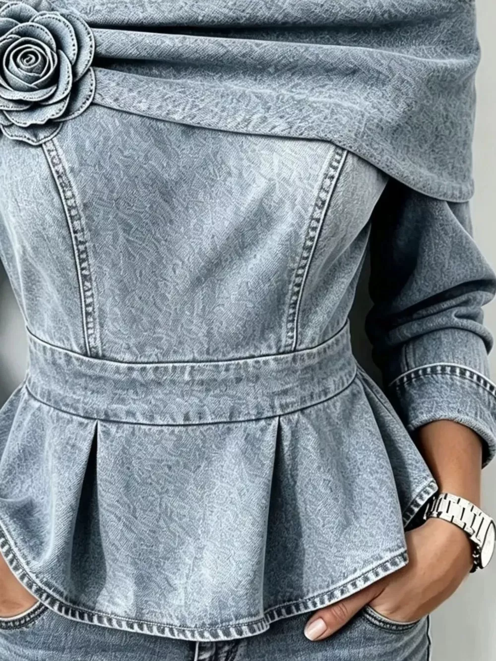 Full Size Off-Shoulder Floral Denim Look Top Plus Size, image 7