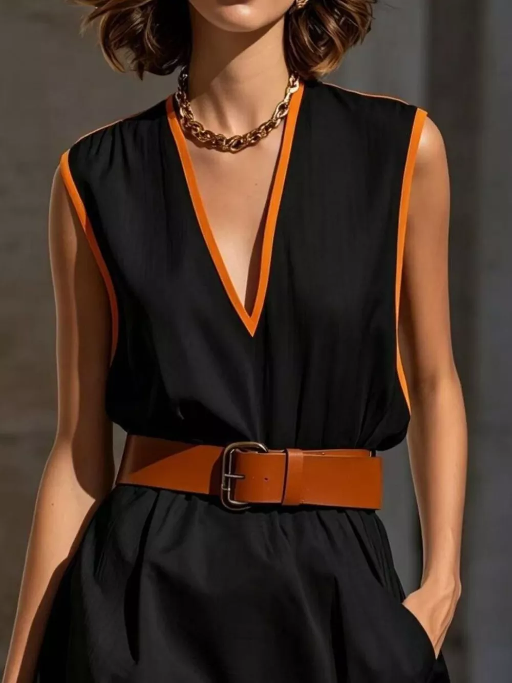 Contrast Trim V-Neck Sleeveless Dress, image 5